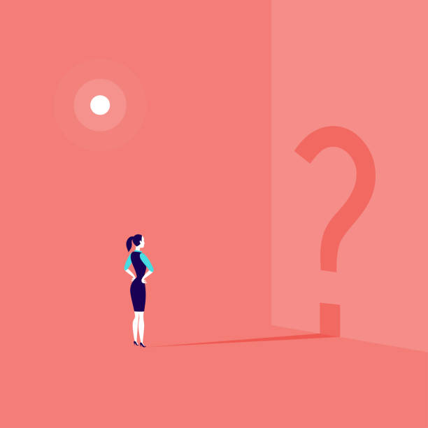 istock Vector business concept illustration with business lady standing isolated with question sign shadow shape on the wall. 945461476