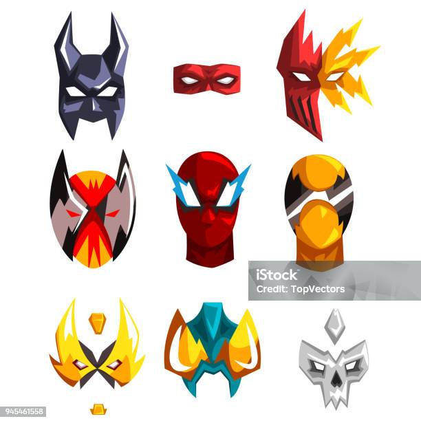 Flat Vector Set Of Superheroes Masks Clothing Attribute For Costumed Party Faces Of Heroes Design For Photo Props Or Mobile App Stock Illustration - Download Image Now