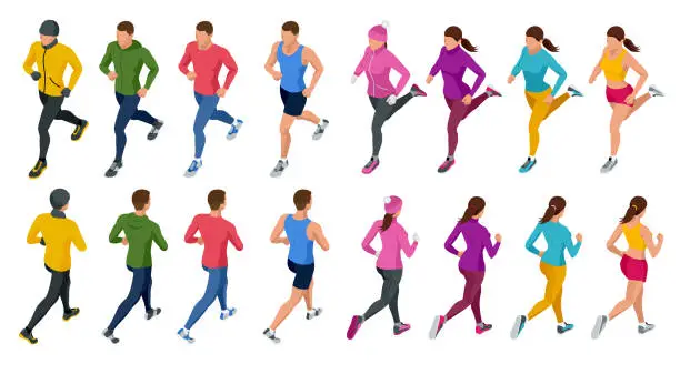 Vector illustration of Isometric running people. Front and rear view. People are dressed in summer, winter, autumn, spring sports uniform