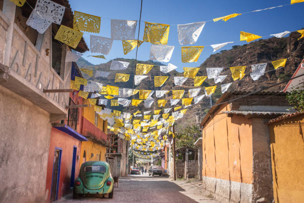 An empty street with typical Mexican houses