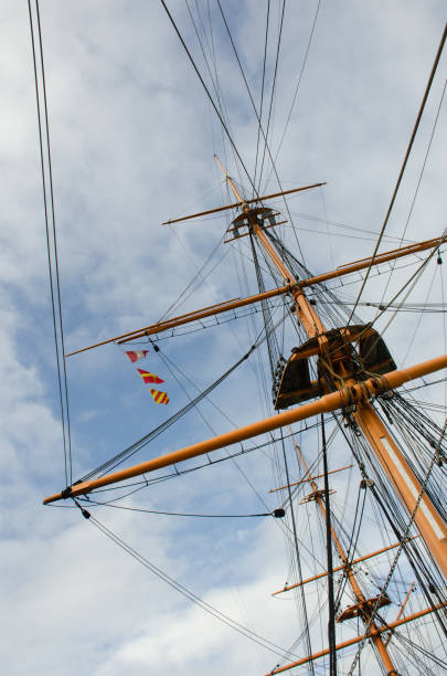 istock Looking up at vintage naval Mast with rigging and signal flags 945463302