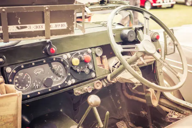 Interior vehicle view of WWII Willys Jeep decorated with props.