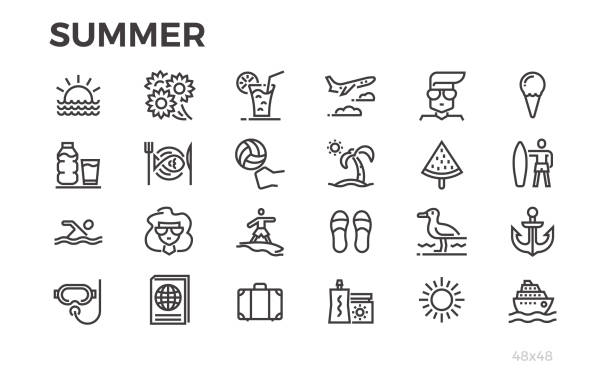 sommer urlaub symbole. sonne, meer, tourismus und andere symbole. editierbare linie. - sun sunlight symbol sphere stock-grafiken, -clipart, -cartoons und -symbole