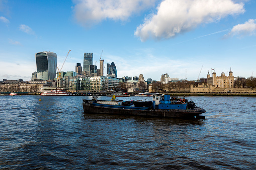 City of London, Financial Services Companies headquarters, The Leadenhall Building, The Gherkin view from south side of River Thames, London, UK, 11 December 2016