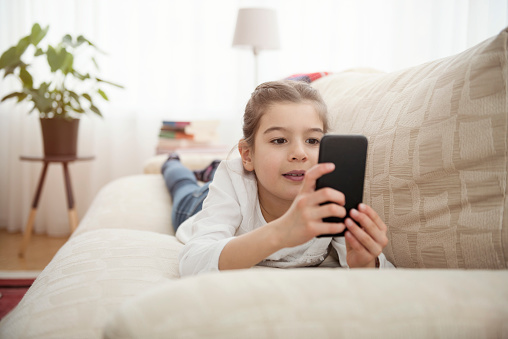 little girl, home, smart phone, internet, technology