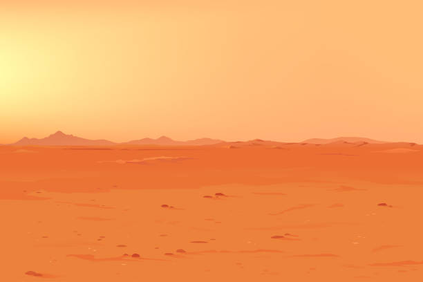Big Martian Panorama Martian orange landscape background on a sunny day, sand hills with stones on a deserted planet, landscape of Mars planet mars stock illustrations