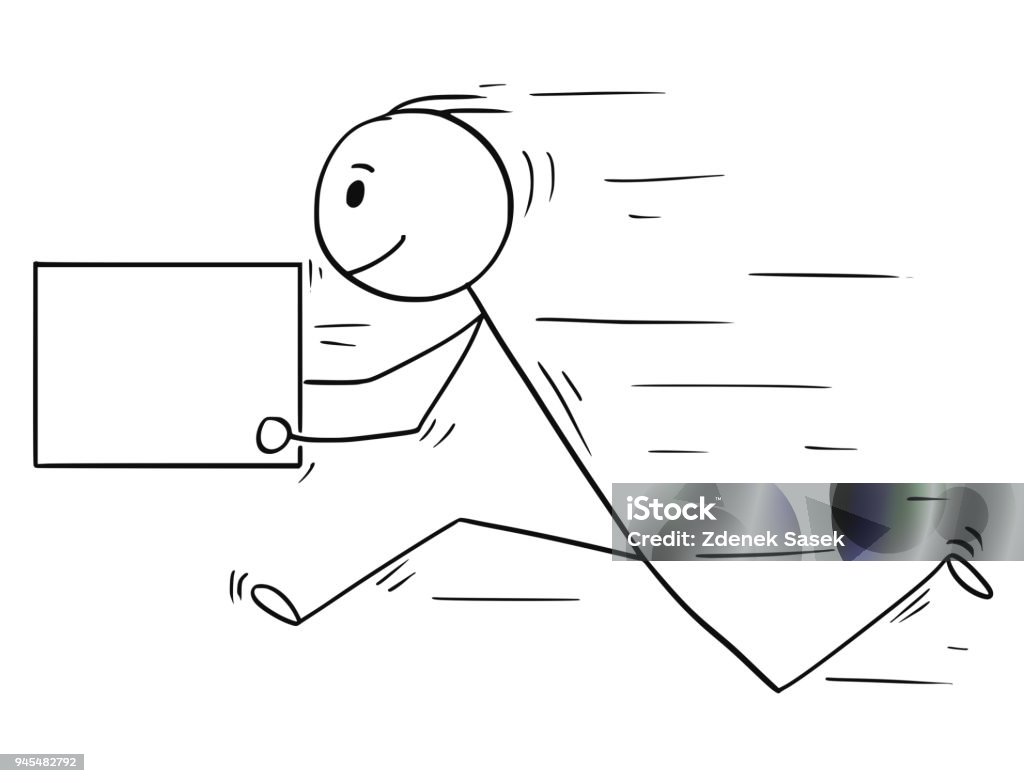 Cartoon of Man or Businessman Running Fast With Delivery Box, Usable as Empty Sign for Text Cartoon stick man drawing conceptual illustration of businessman running fast with delivery box or letter. Usable as empty or blank sign for your text. Paper stock vector
