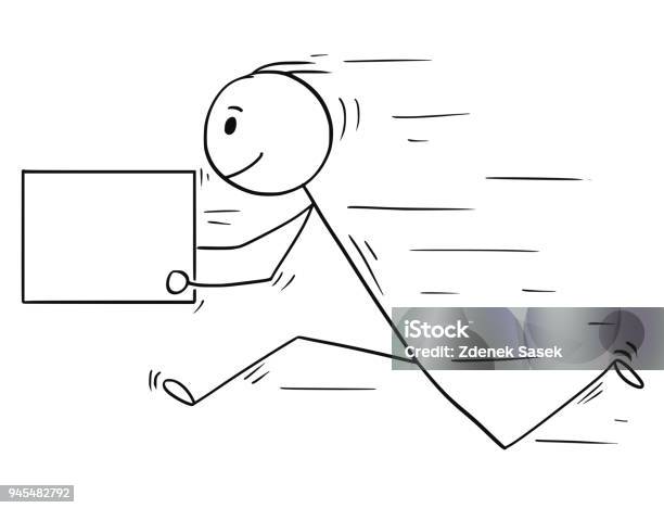 Cartoon Of Man Or Businessman Running Fast With Delivery Box Usable As Empty Sign For Text Stock Illustration - Download Image Now