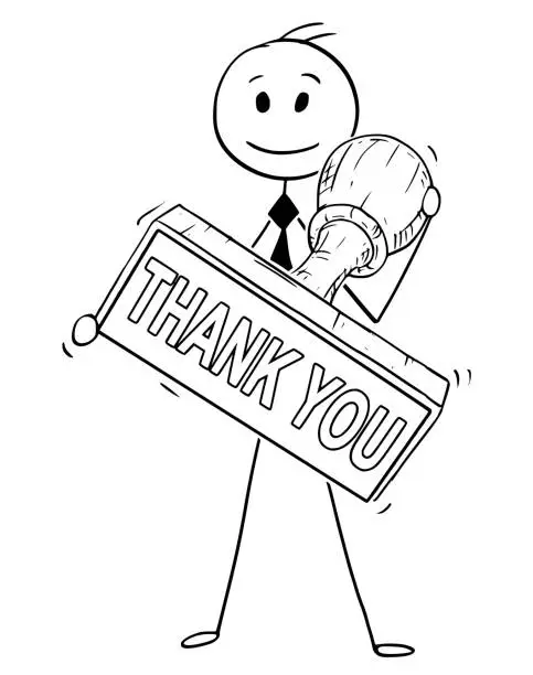 Vector illustration of Cartoon of Businessman Holding Big Hand Rubber Thank You Stamp