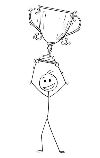 karikatur von erfolgreichen mann oder geschäftsmann hält eine trophy cup - humor athlete trophy one person stock-grafiken, -clipart, -cartoons und -symbole