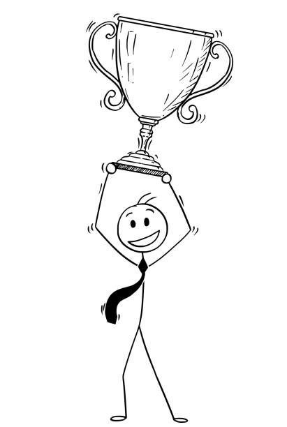 illustrazioni stock, clip art, cartoni animati e icone di tendenza di cartone animato di un uomo d'affari di successo che tiene una coppa dei trofei - humor athlete trophy one person