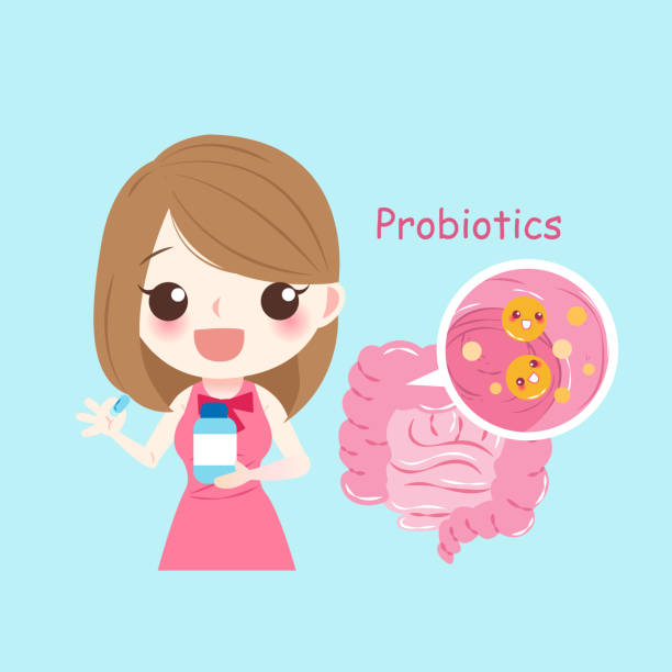frau mit probiotika - magen grafiken stock-grafiken, -clipart, -cartoons und -symbole