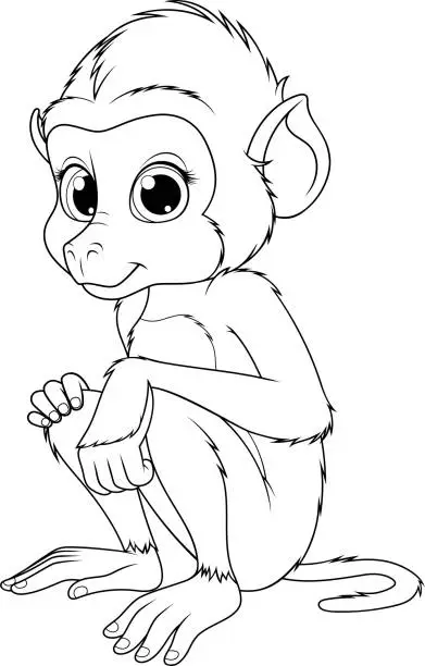 Vector illustration of Vektor illustration, funny cute monkey baboon, sits smiling, on white background