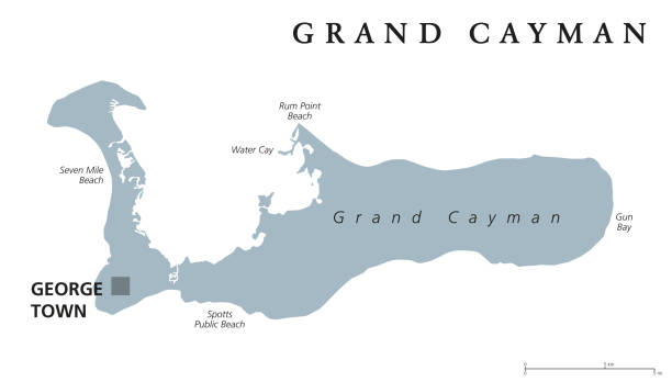 Grand Cayman gray political map Grand Cayman political map with capital George Town. Largest of the Cayman Islands. British Overseas Territory in western Caribbean Sea. English labeling. Gray illustration on white background. Vector grand cayman stock illustrations