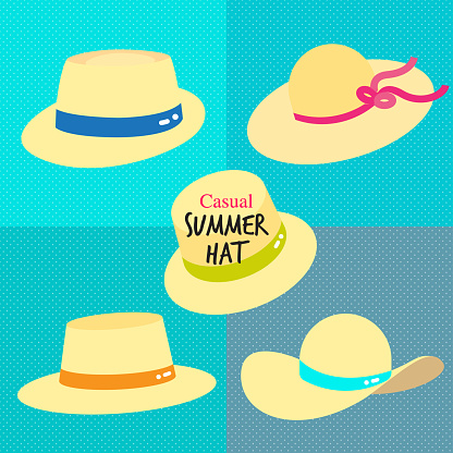 Straw casual summer hats with color ribbon. Light weight straw hats illustrated in different style to shade the face and shoulder from sun from summer time!