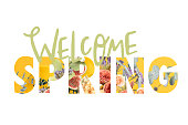 WELCOME SPRING sign cut out of floral bouquet on white