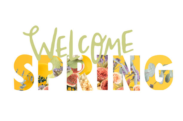 Photo of WELCOME SPRING sign cut out of floral bouquet on white