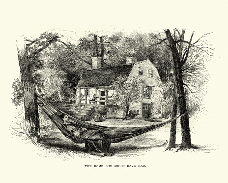 Vintage engraving of a young woman sleeping in a hammock in the gardan on a warm summers day, 19th Century