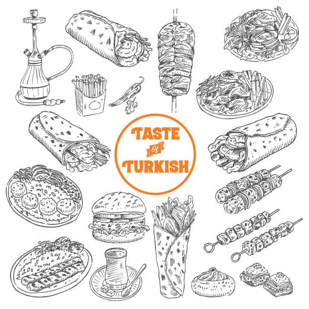 illustrazioni stock, clip art, cartoni animati e icone di tendenza di cibo turco disegnato a mano, illustrazione vettoriale - turkey burger immagine