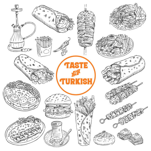 Hand drawn Turkish food, Vector Illustration No layers shish kebab stock illustrations