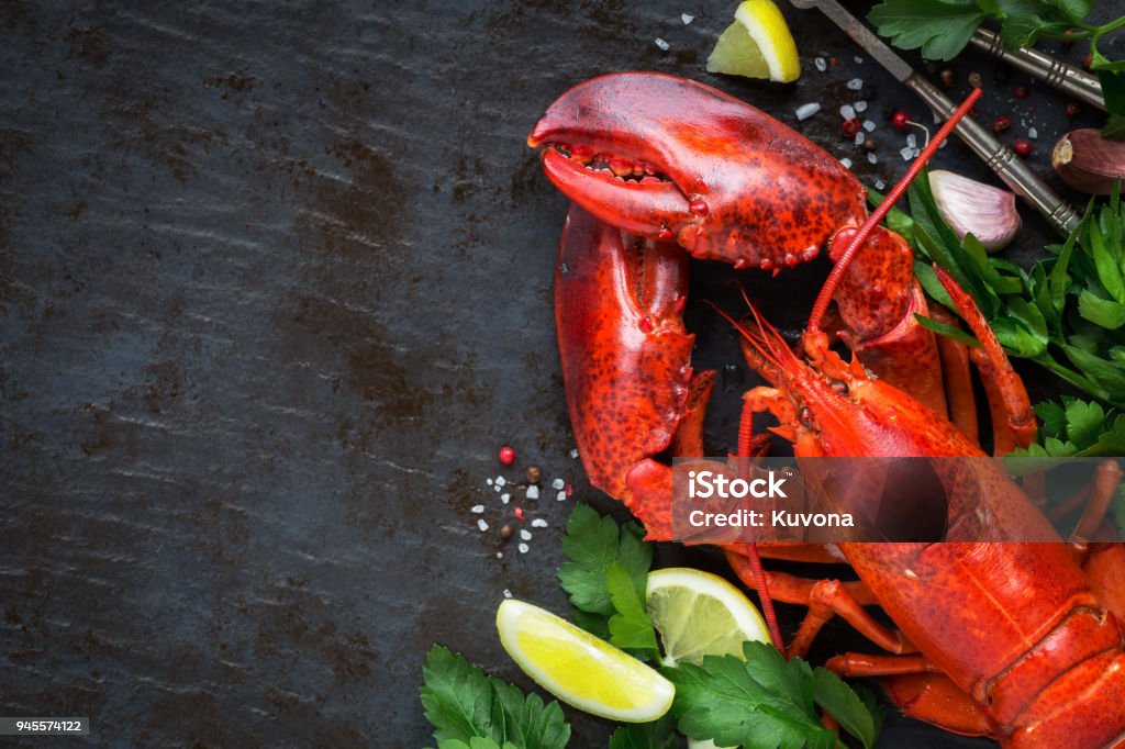 Steamed lobster on black background with copy space Whole red lobster with fresh parsley, slices of lemon, garlic, salt and pepper beans. Overhead view with plenty of copy space for your text Lobster - Seafood Stock Photo