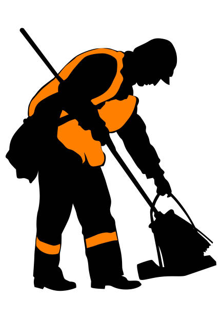 Cleaner man Janitor in signal vest on white background custodian silhouette stock illustrations