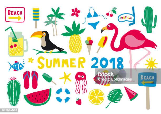 Summer 2018 Vector Collection Set On White Background Stock Illustration - Download Image Now