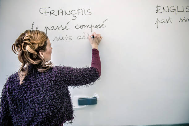 Beautiful Mature French English Teacher in Purple in the Classroom, Europe stock photo