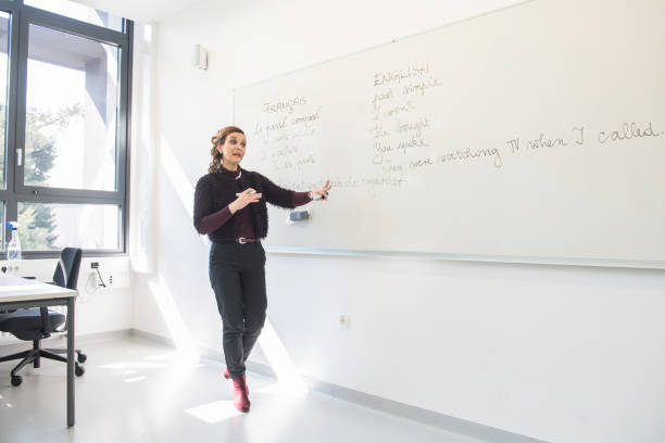 Beautiful Mature French English Teacher in Purple in the Classroom, Europe Beautiful mature French English teacher in front of a whiteboard, secondary school in Primorska region, Slovenia, Europe. nova gorica stock pictures, royalty-free photos & images