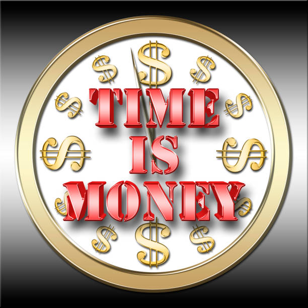 stock illustration - glänzende metallic rot text: zeit ist geld, 3d illustration, isolated farbverlauf im hintergrund. - time time is money clock dollar sign stock-fotos und bilder