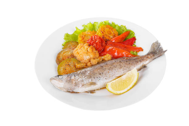 istock Fish whole trout plate isolated on white isolated 945598058