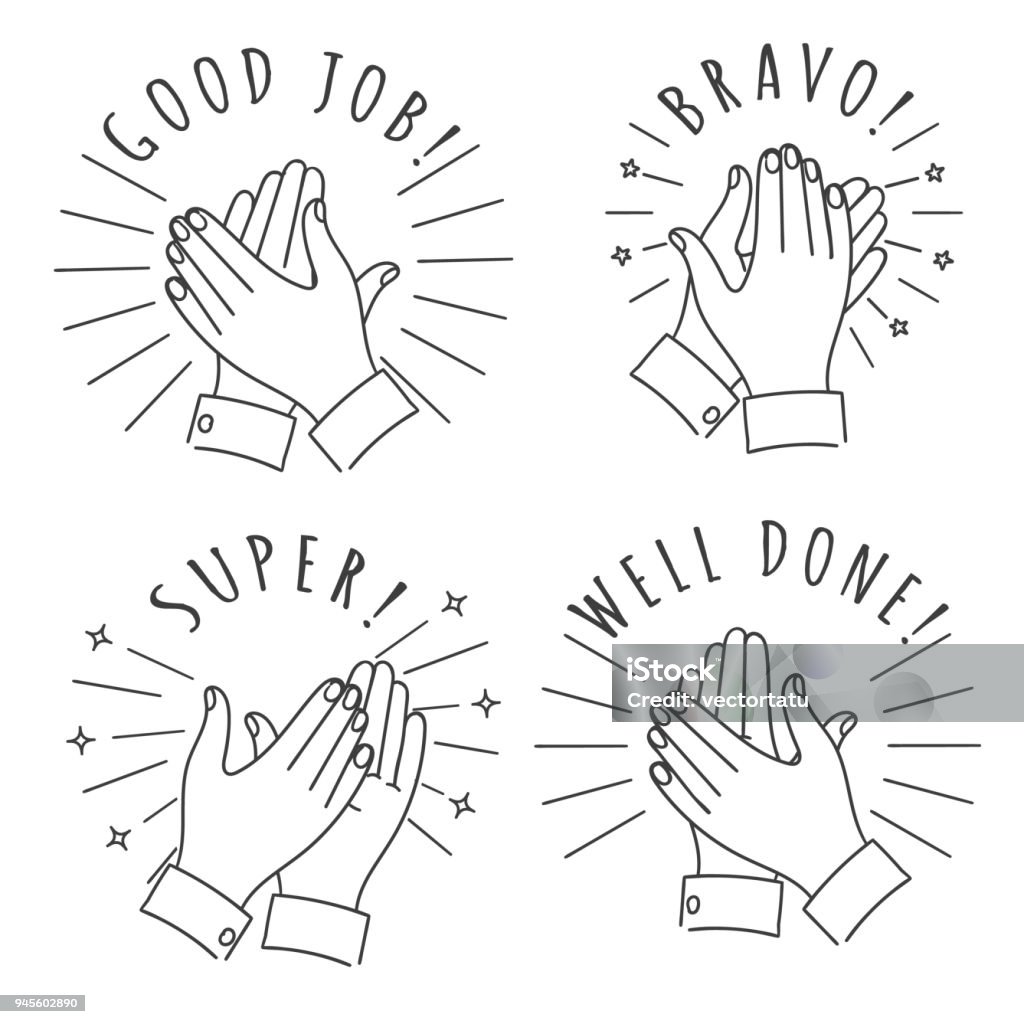 Doodle hands claps sketch Doodle hands claps. Hand drawn applauding clapping hands isolated on white background, winner applause sketch vector illustration Congratulating stock vector