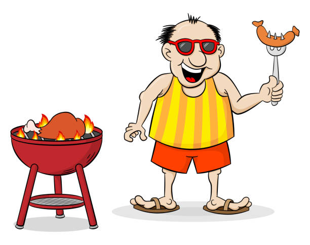 mann mit grill im sommer - sausage grilled isolated single object stock-grafiken, -clipart, -cartoons und -symbole