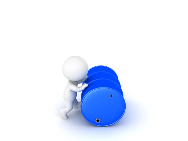 3D Character pushing blue oil barrel. Isolated on white.