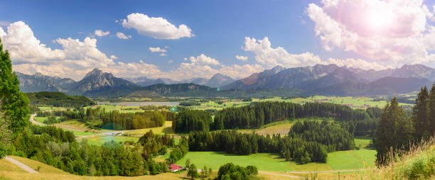istock panoramic landscape in Bavaria with alps mountain range 945629066