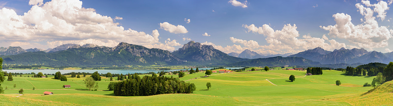 panoramic landscape in Bavaria with alps mountain range