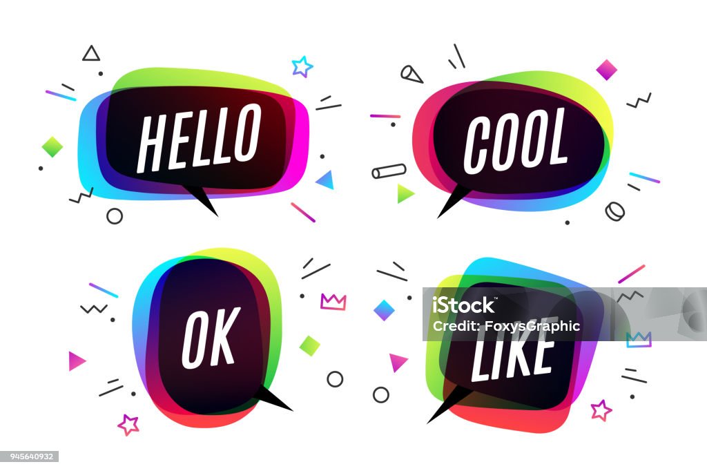 Set. Banner, speech bubble, poster Set. Banner, speech bubble, poster and sticker concept, geometric style with text Hello, Cool, Ok and Like. Icon message speech bubble for banner, poster, web. White background. Vector Illustration Speech Bubble stock vector