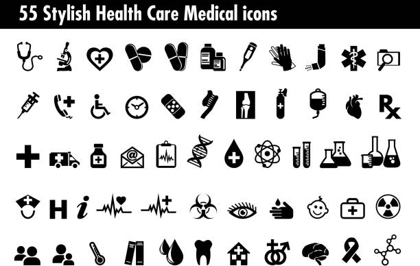 55 stylowy zestaw ikon medycznej opieki zdrowotnej, symbole związane z apteką, drogerią i nauką, do wykorzystania w produktach i prezentacjach. - pharmacy symbol surgery computer icon stock illustrations
