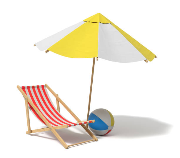rendering 3d di un ombrellone bianco e giallo e di una sedia a sdraio in legno - parasol umbrella sun beach foto e immagini stock