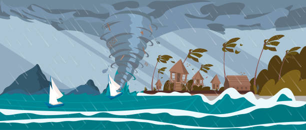 торнадо от морского урагана идет на тропические дома - incoming storm stock illustrations