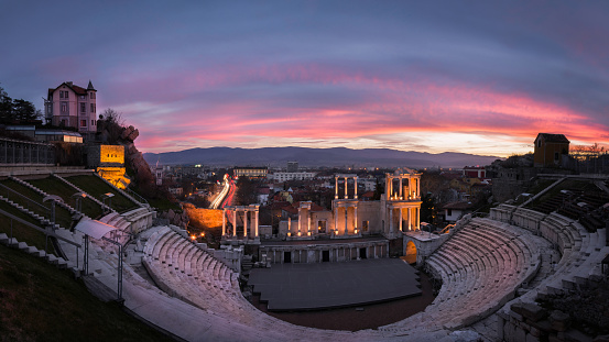 Remainings of Ancient Roman theatre in Plovdiv at sunset