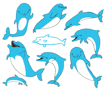 Set of hand drawn dolphins