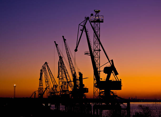 istock Silhouette of several cranes in a harbor, shot during sunset 94566666