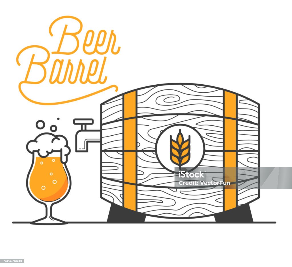 Beer barrel minimal vector illustration. Line design. Wheat beer in a barrel for pub designs. Wooden barrel with a good drink and typo design. Open the tap and set beer free Beer - Alcohol stock vector