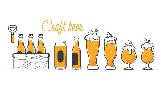 bierglas, flasche und k�önnen typen. craft beer kalligraphie design und minimale flache vektor-illustration von verschiedene arten von biere. six-pack in einer holzkiste. oktoberfest-ausrüstung. restaurant-abbildung - beer stock-grafiken, -clipart, -cartoons und -symbole