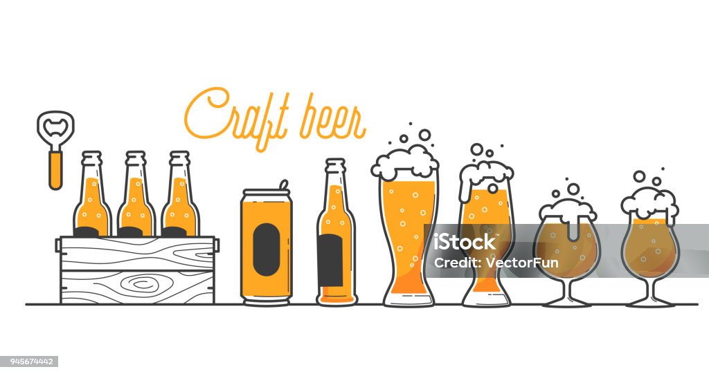 Beer glass, bottle and can types. Craft beer calligraphy design and minimal flat vector illustration of different type of beers. Six pack in a wood box. Beer Fest equipment. Restaurant illustration Beer - Alcohol stock vector