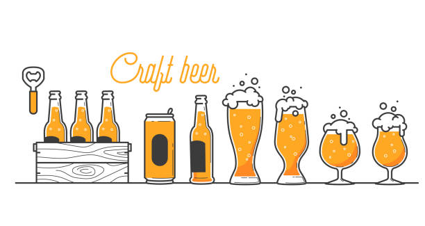 Beer glass, bottle and can types. Craft beer calligraphy design and minimal flat vector illustration of different type of beers. Six pack in a wood box. Beer Fest equipment. Restaurant illustration Beer glass, bottle and can types. Craft beer calligraphy design and minimal flat vector illustration of different type of beers. Six pack in a wood box. Beer Fest equipment. Restaurant illustration bottle illustrations stock illustrations
