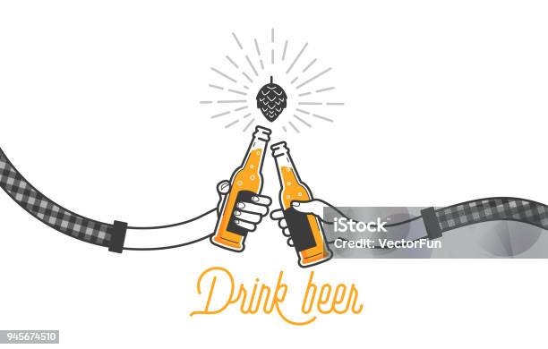 Two Hands Holding Two Beer Bottles Clinking Glasses In Plaid Shirt Party Celebration In A Pub Isolated Vector Illustration Of Two Drunk Person Drinking Beer On White Background Cheers Mate Stock Illustration - Download Image Now