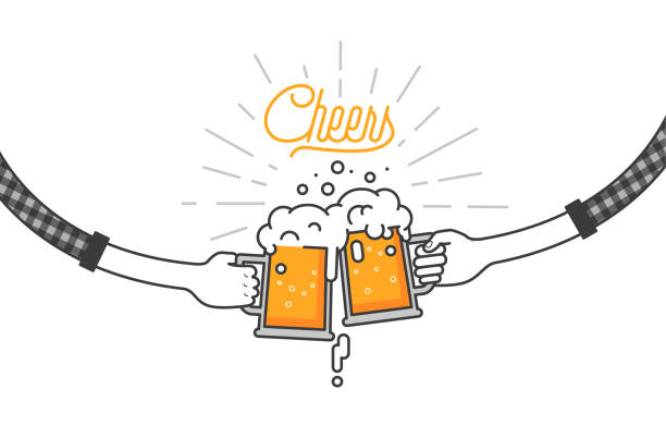 Flat isolated vector illustration of drinking beers, cheers, clinking glasses, party. Two friend are drinking beers in plaid shirts. Party celebration in a pub on white background. Cheers mate vector art illustration