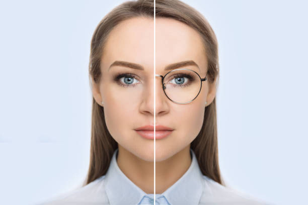 female face with glasses and without glasses female face, cut in half to present before and after checking vision. Woman face without glasses and with glasses halved stock pictures, royalty-free photos & images